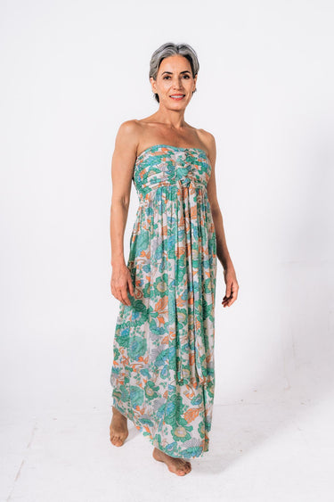 Front view of floral multicolor Ava Strapless Pleated Bodice Maxi Dress strapless silhouette relaxed fit resort