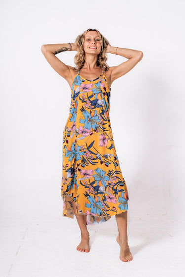 Front view of floral multicolor yellow Kate Reversible Lattice Back Midi Dress relaxed silhouette resort