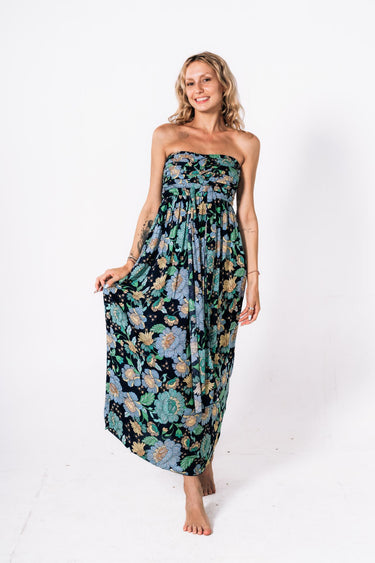 Front view of floral multicolor Ava Strapless Pleated Bodice Maxi Dress strapless silhouette relaxed fit resort