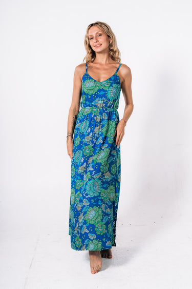 Front view of floral multicolor green blue Laura Empire Waist Maxi Dress maxi silhouette relaxed fit resort