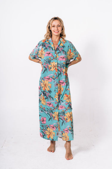 Front view of floral multicolor Tess Button Front Maxi Tunic Dress maxi silhouette relaxed fit resort