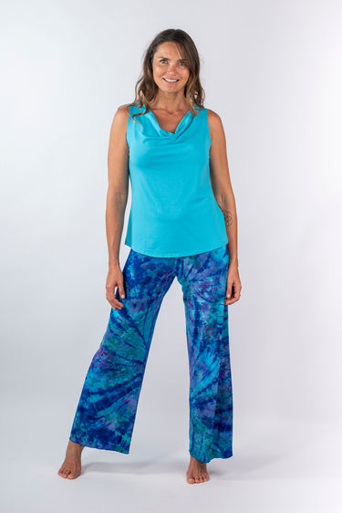 Front view of turquoise Dakota Cowl Neck Sleeveless Knit Top relaxed silhouette easy fit coastal