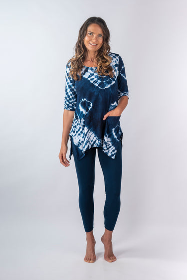 Front view of hand-dye blue white Blake 46115 Sleeve Asymmetrical Knit Tunic relaxed tunic silhouette coastal