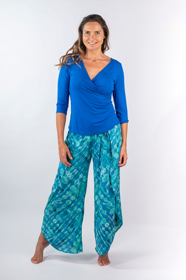 Front view of blue Janice 46115 Sleeve V-Neck Wrap Knit Top relaxed silhouette easy fit coastal