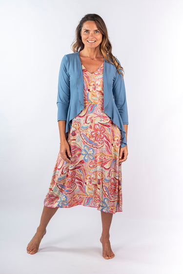 Front view of blue Meagan 46115 Sleeve Knit Shrug relaxed silhouette easy fit coastal