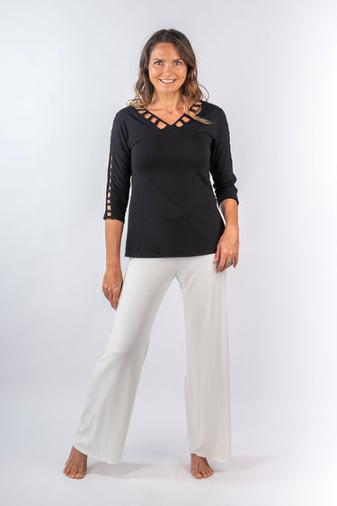 Front view of black Aly 46115 Sleeve Lattice Neck Knit Top relaxed shape easy fit coastal