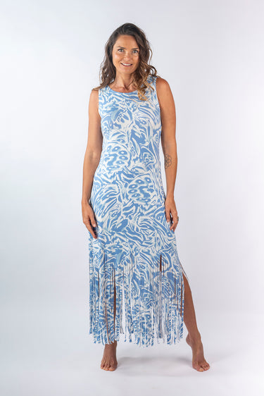 Front view of multicolor light blue white Lulu Sleeveless Fringe-Hem Maxi Knit Dress maxi silhouette resort