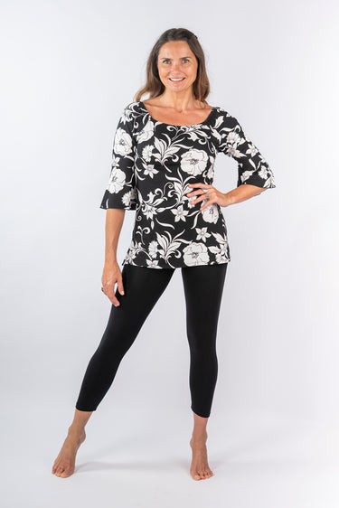 Front view of floral black white Isabel 46115 Sleeve Square-Neck Knit Tunic Top relaxed tunic silhouette coastal