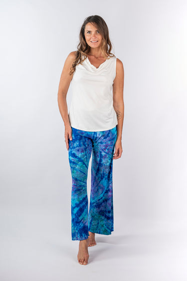 Front view of tie-dye blue Jenna Relaxed Leg Knit Pants relaxed wide-leg silhouette easy fit resort