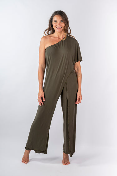 Front view of olive green Gigi Asymmetrical One-Shoulder Knit Jumpsuit one-shoulder silhouette relaxed fit resort