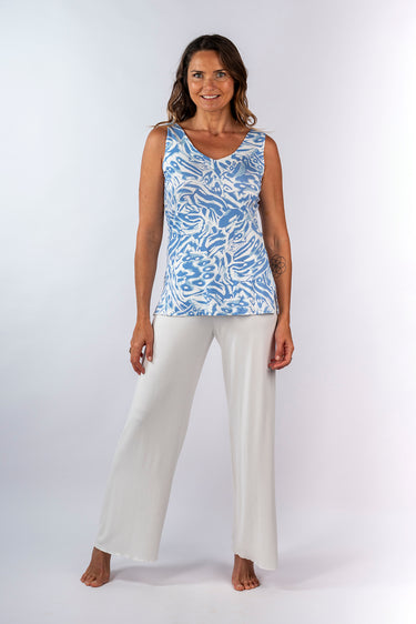 Front view of multicolor light blue white Emily V-Neck Knit Tank Top relaxed silhouette easy fit resort