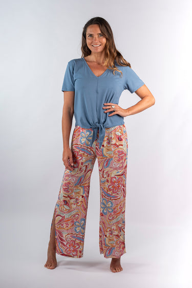 Front view of blue Halle Short Sleeve V-Neck Tie-Front Knit Top relaxed silhouette easy fit coastal
