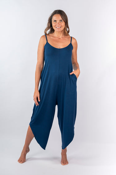 Front view of navy Adele Scoop-Neck Relaxed-Fit Knit Jumpsuit one-piece silhouette relaxed fit resort