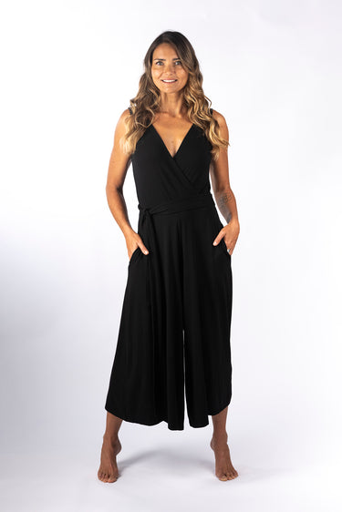 Front view of black Christina V-Neck Wide-Leg Knit Jumpsuit wide-leg silhouette relaxed fit resort
