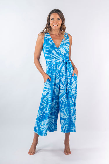 Front view of blue tie-dye Christina V-Neck Wide-Leg Knit Jumpsuit wide-leg silhouette relaxed fit resort