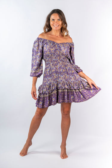 Front view of floral pink Grace Convertible Off-Shoulder 46115 Sleeve Ruffle Dress relaxed silhouette resort