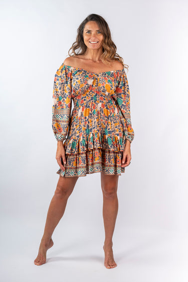Front view of floral multicolor Grace Convertible Off-Shoulder 46115 Sleeve Ruffle Dress relaxed silhouette resort