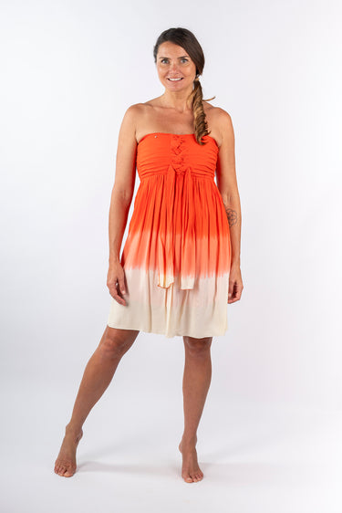 Front view of dip-dye red orange Coco Strapless Pleated Bodice Dress strapless silhouette relaxed fit resort