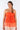 Close-up of super-soft rayon on dip-dye red orange Coco Strapless Pleated Bodice Dress artisanal dip-dye finish