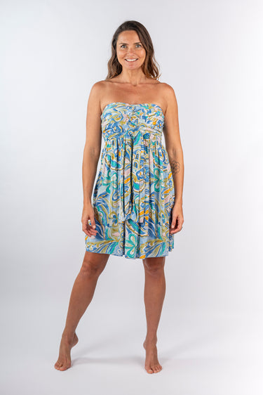 Front view of floral multicolor Coco Strapless Pleated Bodice Dress strapless silhouette relaxed fit resort