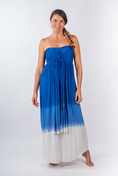 Front view of blue Ava Strapless Pleated Bodice Maxi Dress strapless silhouette relaxed fit resort