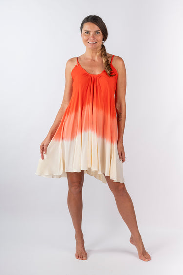 Front view of dip-dye red orange Stella Above-Knee Swing Dress shift silhouette relaxed fit resort