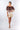 Front view of brown rose gold dip-dye Amber Convertible Off-Shoulder Ruffle Mini Dress shift silhouette coastal