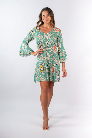 Front view of floral mint Mila V-Neck Ruffle Dress relaxed silhouette easy fit resort
