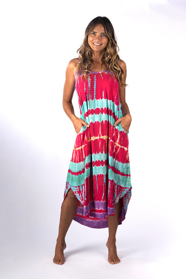 Front view of multicolor tie-dye red blue Kate Reversible Lattice Back Midi Dress relaxed silhouette resort