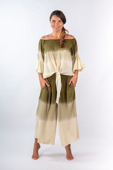 Front view of multicolor dip-dye green beige Ella Wide-Leg Ankle Pants With Pockets relaxed wide-leg silhouette resort