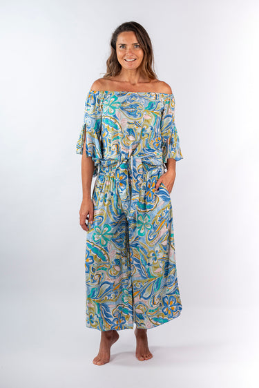 Front view of floral multicolor Ella Wide-Leg Ankle Pants With Pockets relaxed wide-leg silhouette resort