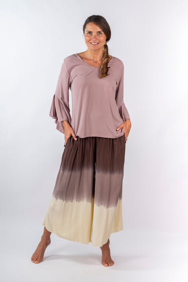 Front view of brown rose gold dip-dye Ella Wide-Leg Ankle Pants With Pockets relaxed wide-leg silhouette resort