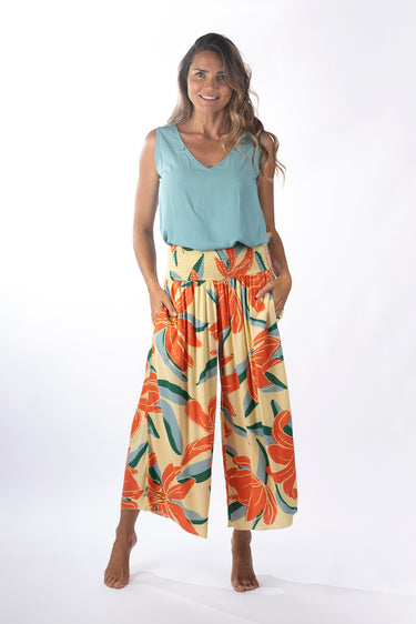 Front view of floral multicolor Ella Wide-Leg Ankle Pants With Pockets relaxed wide-leg silhouette resort