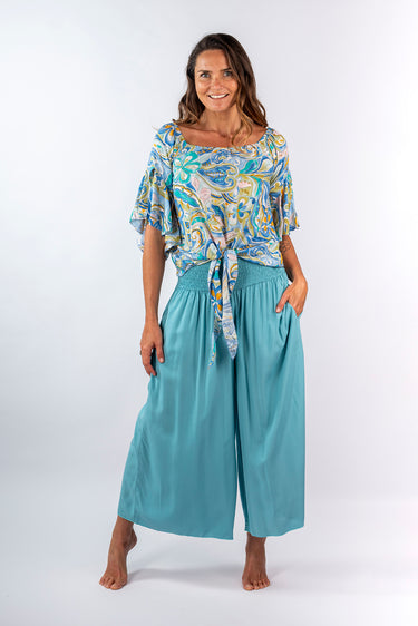 Front view of mint green Ella Wide-Leg Ankle Pants With Pockets relaxed wide-leg silhouette easy fit resort