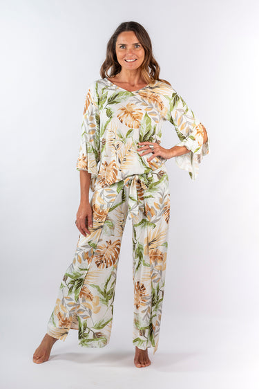 Front view of multicolor print Camilla Flowy Mock Wrap Pants relaxed wide-leg silhouette easy fit resort