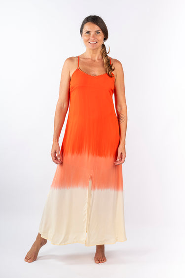 Front view of dip-dye red orange Bella Hand-Beaded Neck Line Maxi Dress maxi silhouette relaxed fit resort