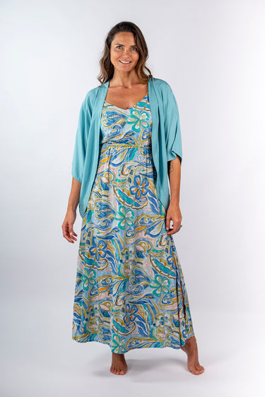 Front view of mint green Sienna 46115 Sleeve Butterfly Wing Shrug open layer silhouette easy fit resort