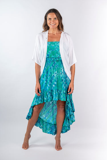 Front view of white Sienna 46115 Sleeve Butterfly Wing Shrug open layer silhouette easy fit resort
