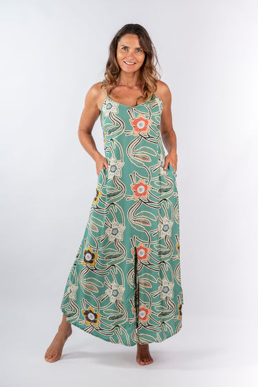 Front view of floral mint Bella Hand-Beaded Neck Line Maxi Dress maxi silhouette relaxed fit resort