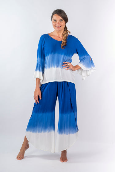 Front view of blue Josephine Mock Wrap Pants relaxed wide-leg silhouette easy fit resort