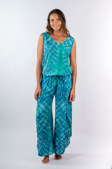 Front view of green tie-dye blue Josephine Mock Wrap Pants relaxed wide-leg silhouette easy fit resort