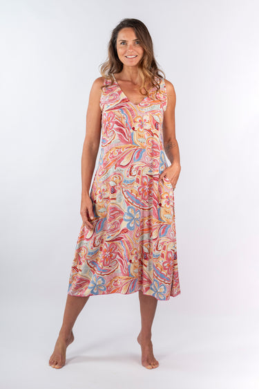Front view of multicolor warm pastels Mia A-Line Midi Dress A-line silhouette relaxed fit resort