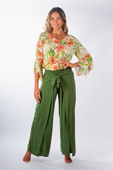 Front view of coral orange Lily V-Neck 46115 Sleeve Ruffle Top relaxed silhouette easy fit resort