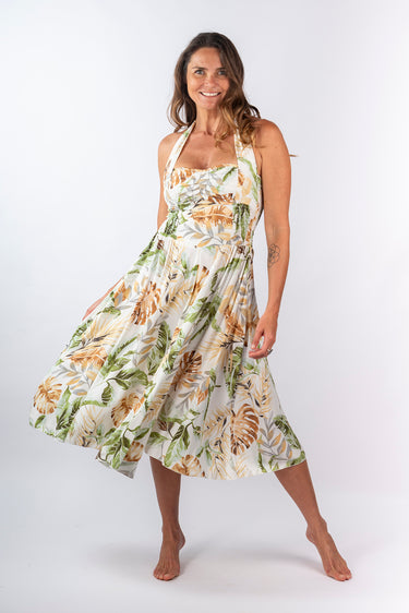 Front view of multicolor print Marilyn Sweetheart Neck Halter Midi Dress midi silhouette relaxed fit resort