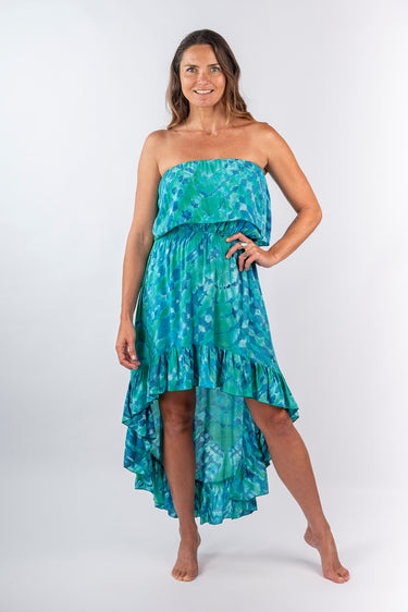 Front view of green tie-dye blue Ivy Strapless High-Low Midi Dress strapless silhouette relaxed fit resort