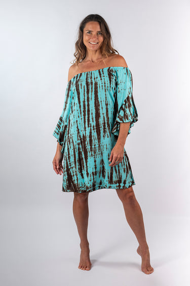 Front view of brown tie-dye blue green Kylie Convertible Off-Shoulder Dress With Ruffle Sleeves relaxed silhouette resort