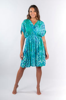 Front view of green tie-dye blue Scarlet Short Sleeve Dress With Pockets shift silhouette relaxed fit resort