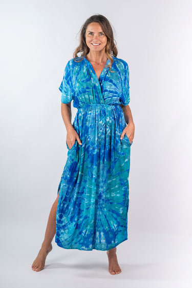 Front view of blue green tie-dye Greta Short Sleeve Maxi Dress With Pockets maxi silhouette relaxed fit