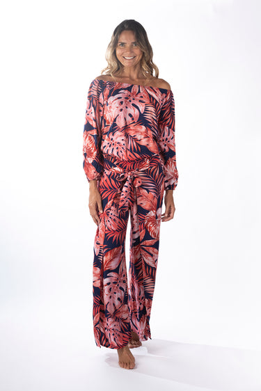 Front view of tropical multicolor red JoJo Convertible Off-Shoulder 46115 Sleeve Top relaxed silhouette resort