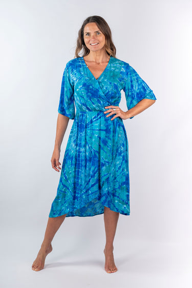 Front view of blue green tie-dye Heather Wrap Midi Dress With Mid-Length Sleeves wrap silhouette relaxed fit